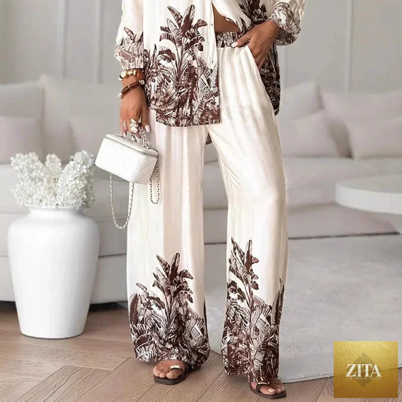 Elegant Women Loose Two Piece Set Chic Floral Print Long Sleeve Shirt Wide Leg Pants Set Bohemian Outfits Loungewear Pajamas Set