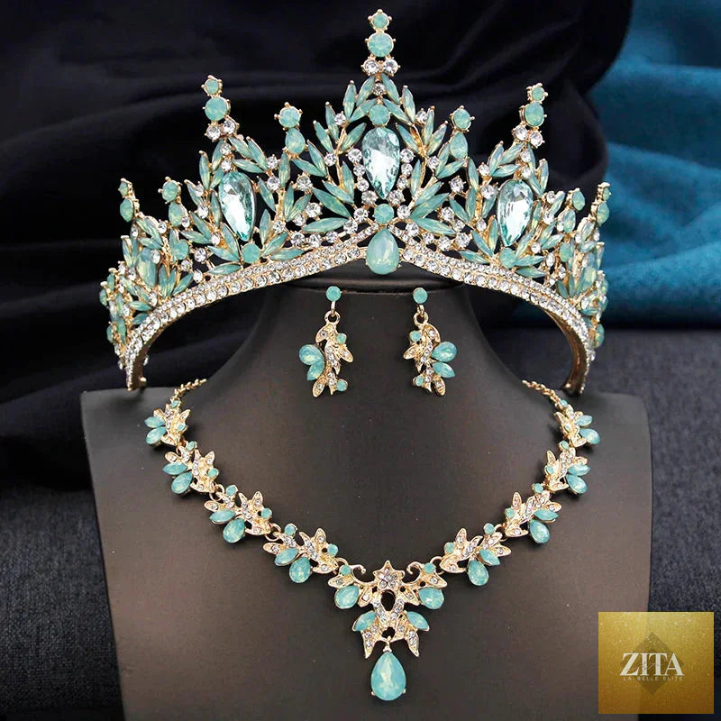 Royal Queen bridal jewelry set featuring tiaras, necklace, and earrings for women, perfect for weddings, prom, and special occasions.