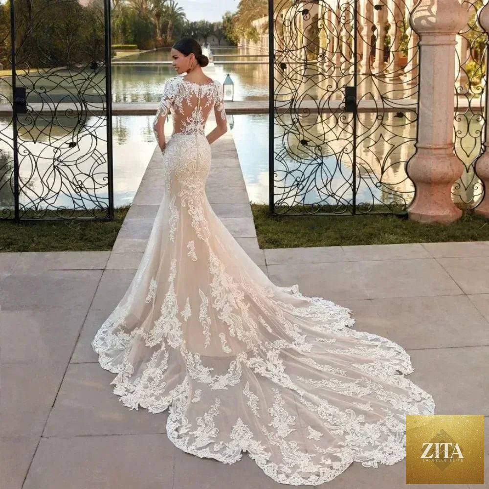 Femstylo boho mermaid wedding dress with long lace sleeves, custom fit bridal gown, elegant lace wedding dress for brides