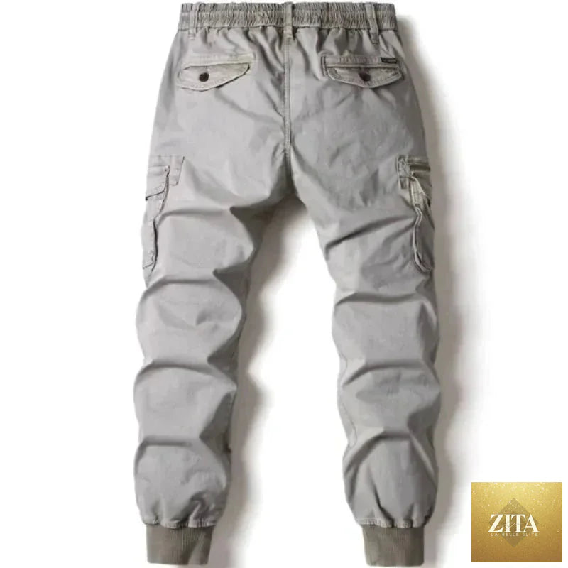 Mandotos men's gray cotton cargo pants with full-length tactical design and multiple pockets for outdoor or military use.
