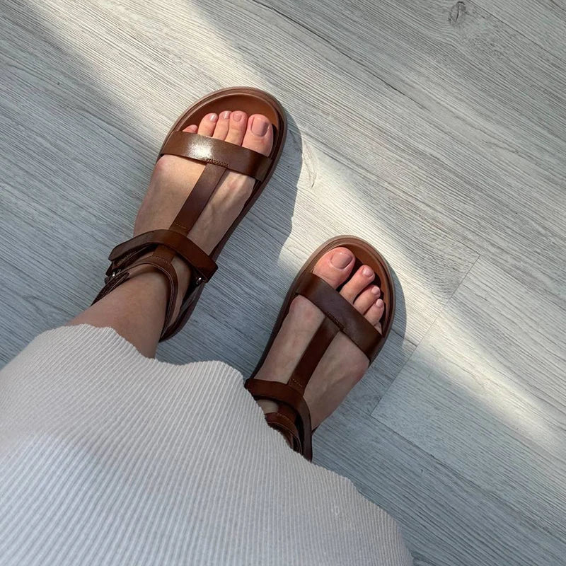 BeauToday Summer Gladiator Sandals Women Calfskin Leather Open Toe T-bar Strap Hook & Loop Summer Ladies Shoes Handmade 07130