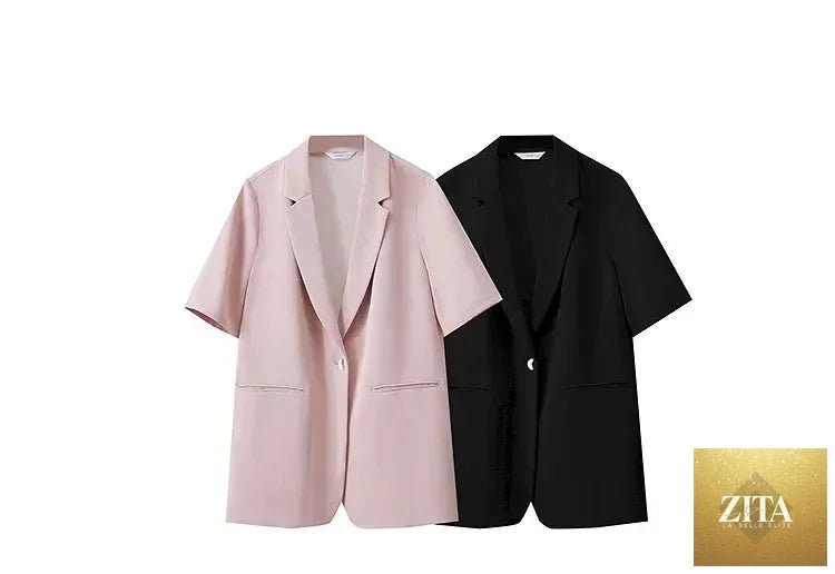 Femstylo Amii Women's Minimalist Summer Blazer with notched lapel, contrast patchwork, one-button short sleeves, stylish and modern.