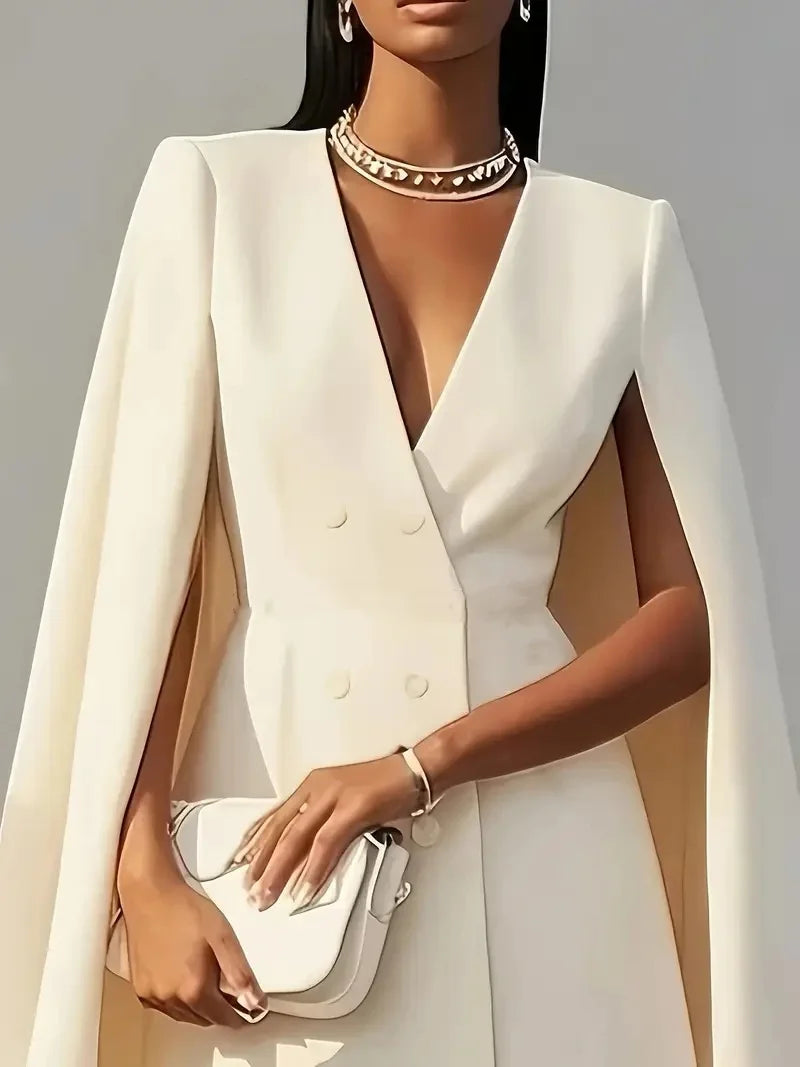 Women Midi Fashion Solid Blazers Dress Double Breasted Waist Party Dress Elegant V-neck Shawl Cape Sleeve