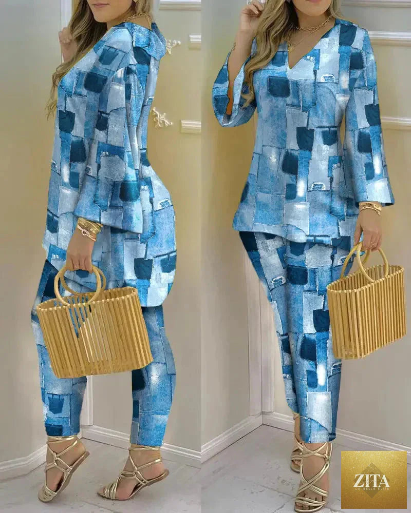 Women’s long sleeve V-neck two-piece set with printed polyester fabric, stylish and comfortable outfit from Trendy Attic Store01.