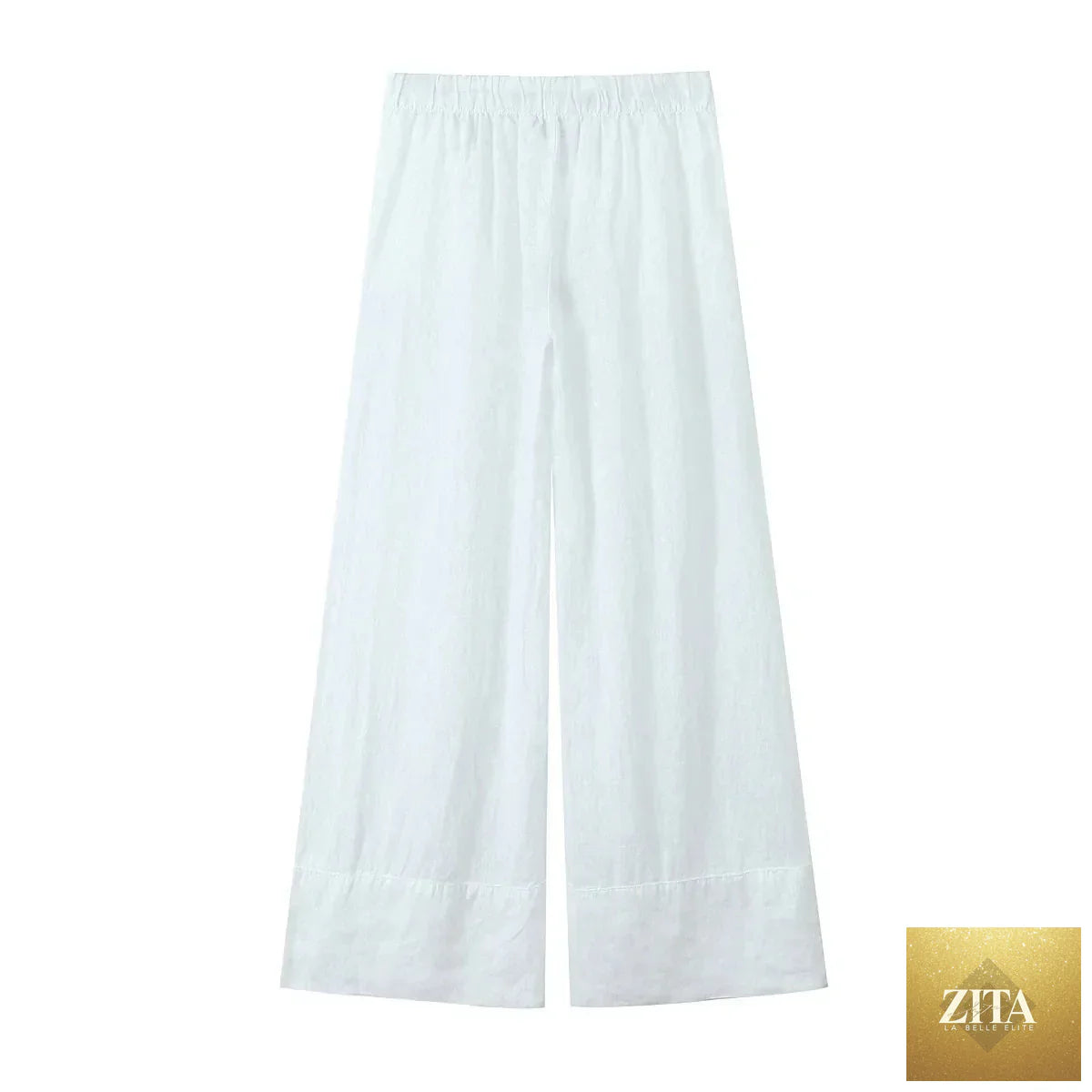 White cotton linen wide-leg pants for women with elastic waist and sash, spring summer casual pants by Ladyez.