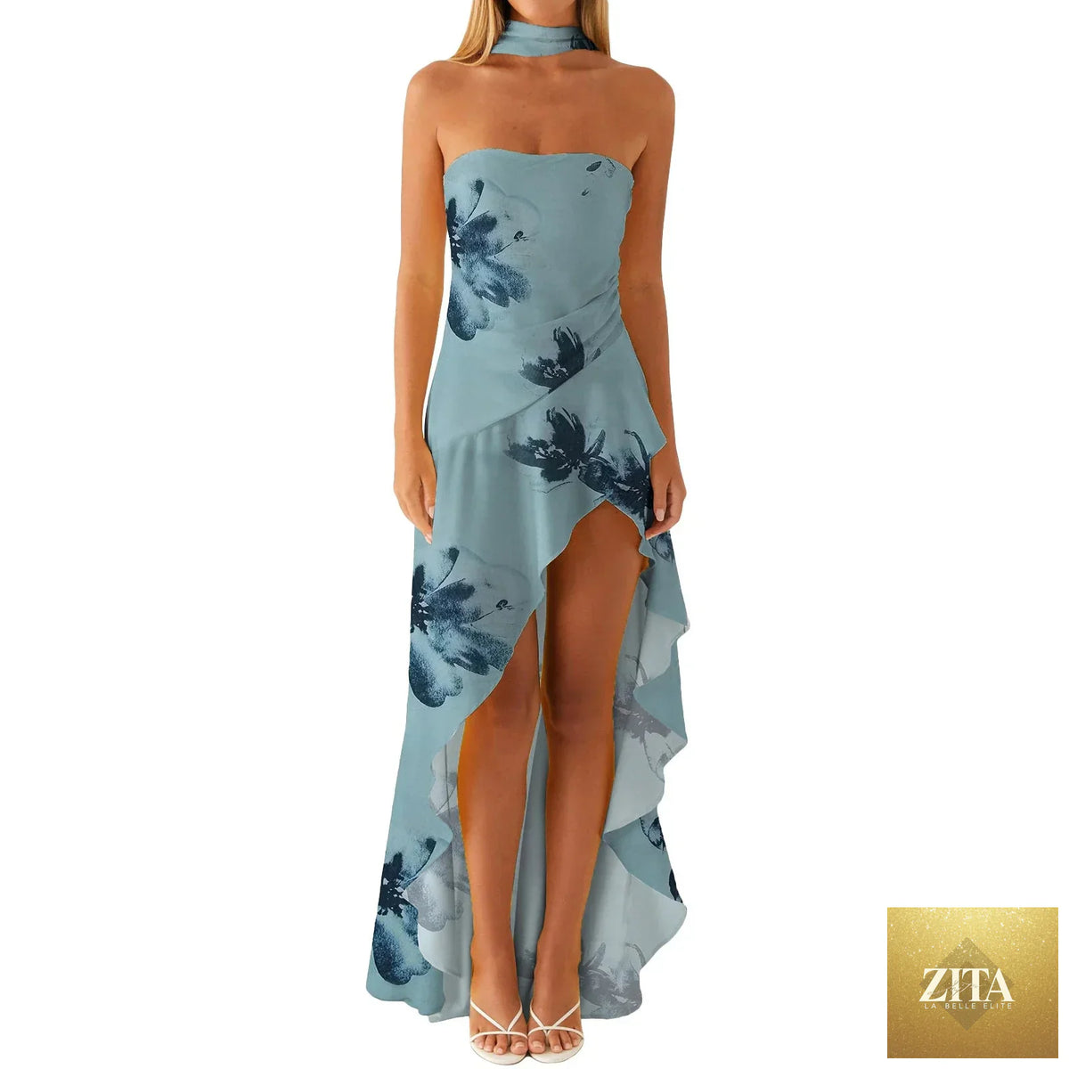 Women Flower Printed Tube Dress Summer Strapless Ruffles High Split Dress with Scarf for Party Cocktail Streetwear