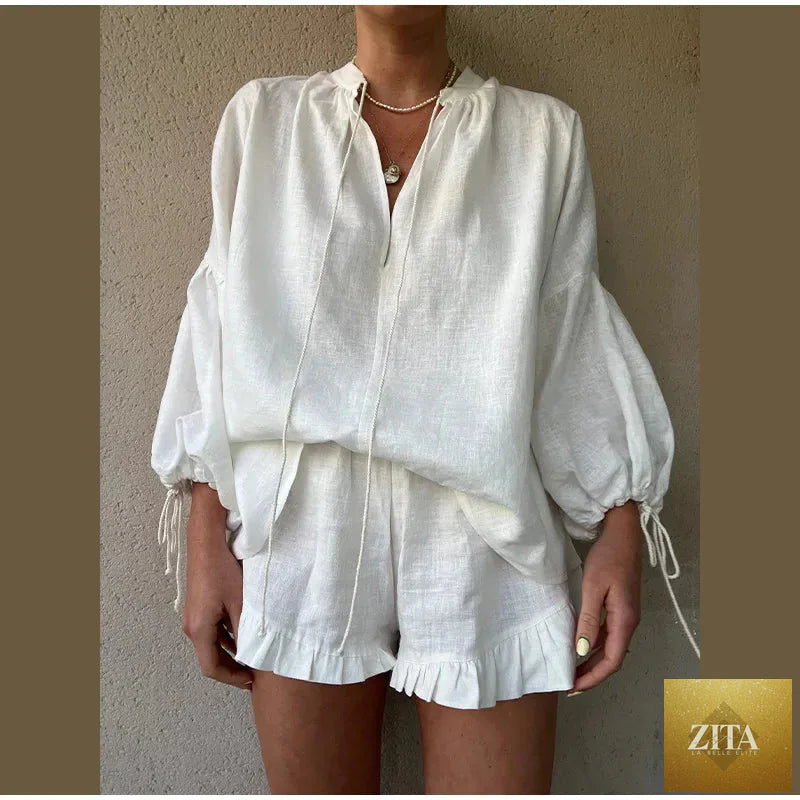 Women's solid cotton linen ruffle shorts suit with V-neck long sleeves and drawstring, loose fit, two-piece set.
