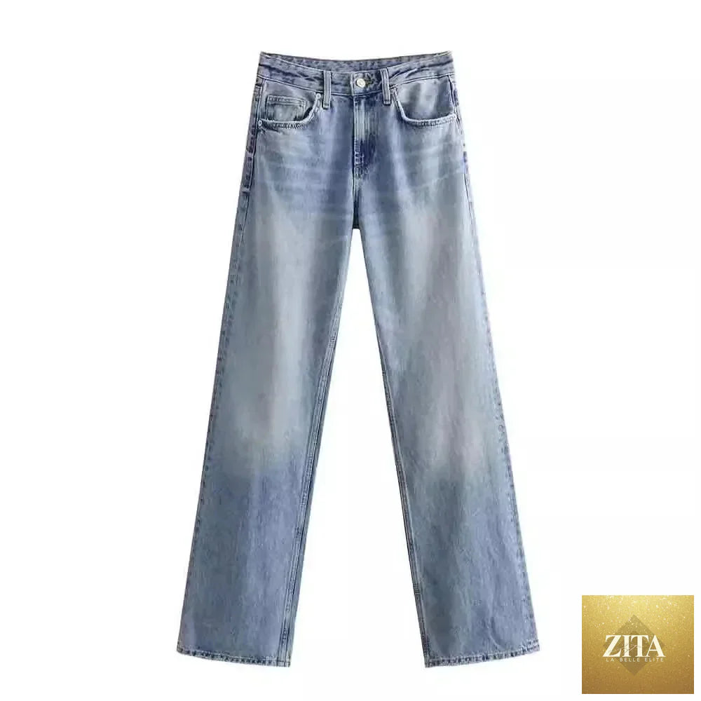 Women's Y2K high waist straight leg jeans by SHOMICOBOUTIQUE, shown folded with visible stitching and classic denim texture.