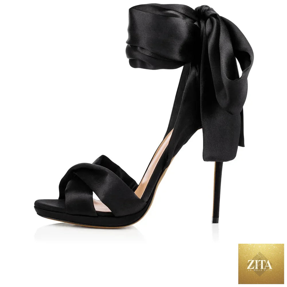 Summer satin bow cross-band open-toe high-heeled women's sandals with thin heels, stylish and sexy for warm weather.