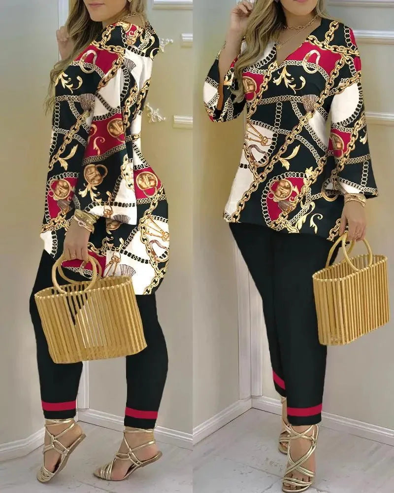 Women’s long sleeve V-neck two-piece set with printed polyester fabric, stylish and comfortable for casual wear.