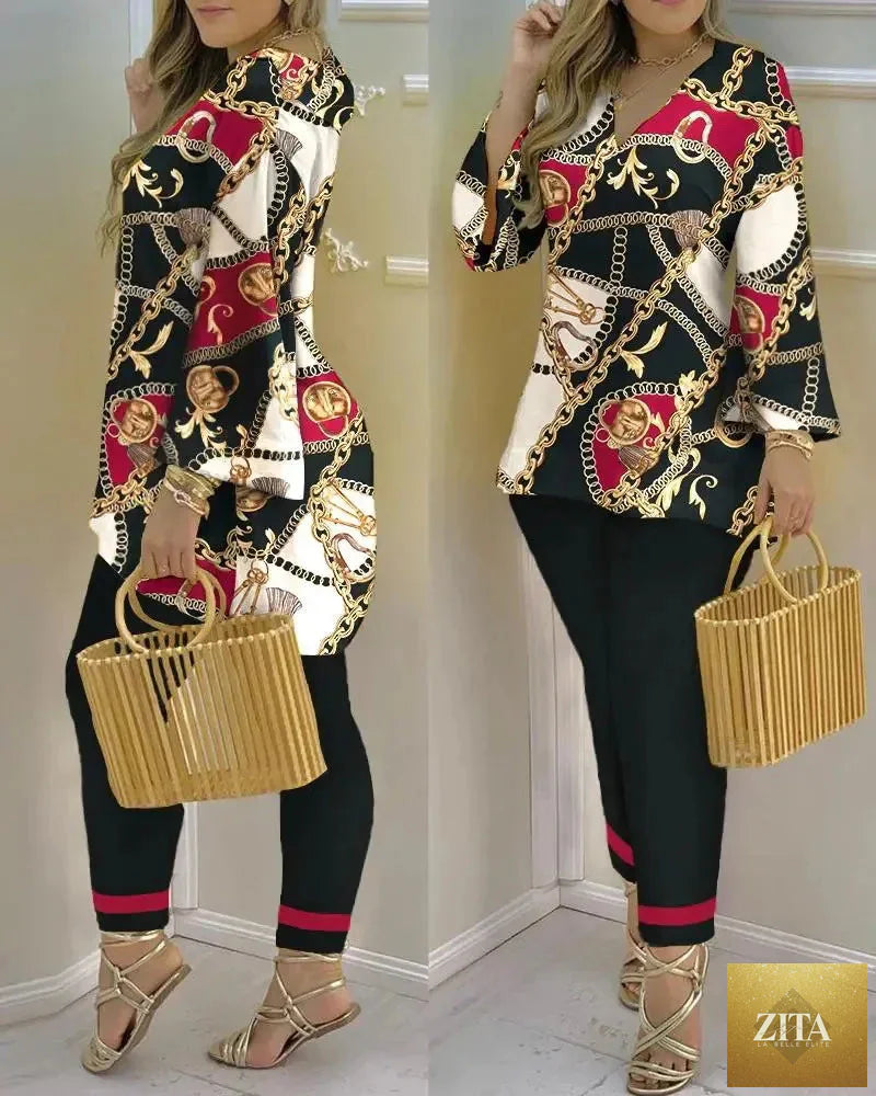 Women’s long sleeve V-neck two-piece set with printed polyester fabric, stylish and comfortable for casual wear.
