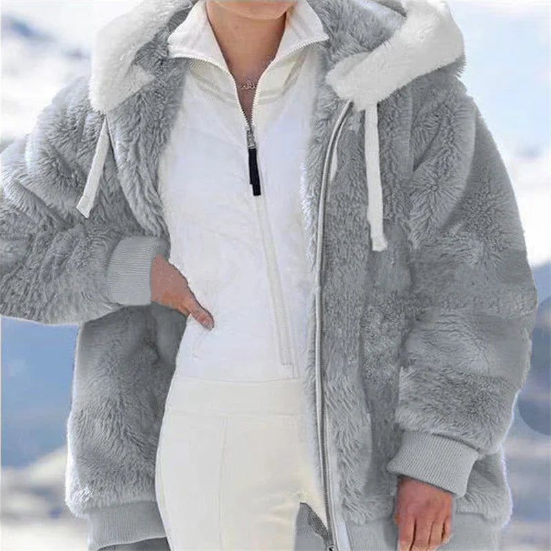 Women’s winter faux fur jacket by LadyShow, plush hooded fleece coat with zipper, soft cashmere feel, thick casual outerwear