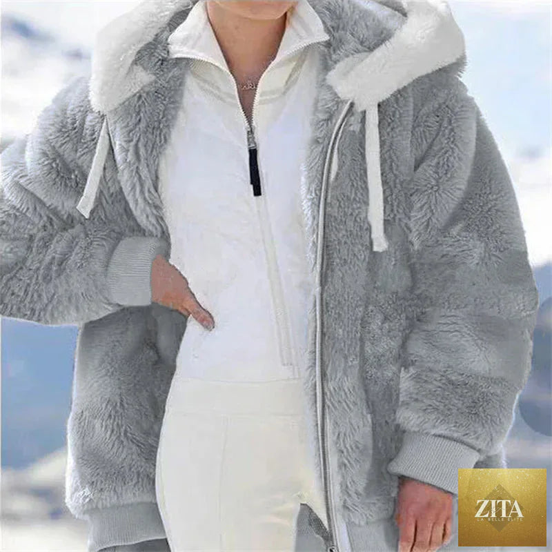 Women’s winter faux fur jacket by LadyShow.Store featuring a plush, hooded fleece coat with zipper and thick cashmere-style warmth.