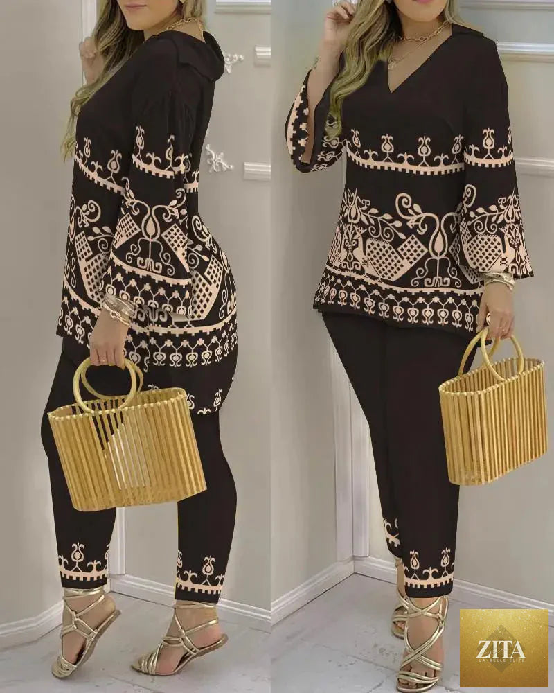 Women’s long sleeve V-neck polyester two-piece set with printed design, stylish and comfortable for casual wear.