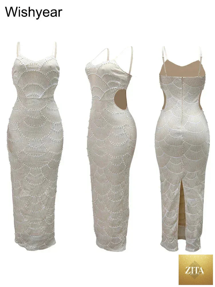 Elegant women’s mermaid evening gown by Femstylo featuring sequin hollow-out design, spaghetti straps, backless style for formal occasions.