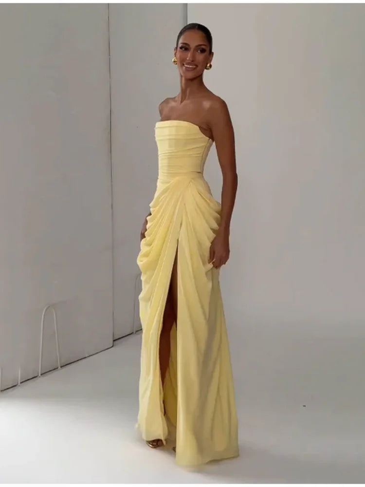 Solid pleated strapless women's backless off-shoulder high-waist dress with a split, perfect for summer evening parties.