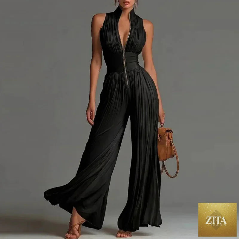 Elegant women's Selvanelle jumpsuit featuring a spring stand collar, zipper, pleats, high waist, wide-leg long pants, and sleeveless design.