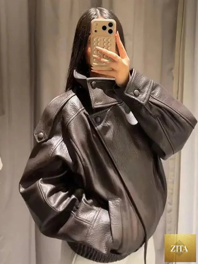 2026 Autumn Women's Faux Leather Jacket Brown Black Long Sleeve Stand Collar Thick Loose Lady Coat Fashion Motorcycle Streetwear