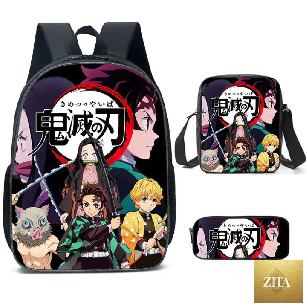 Demon Slayer Nezuko backpack from Infinite Visibility, part of a 3-piece schoolbag set, featuring colorful anime character design.