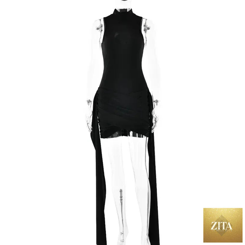Femstylo sleeveless turtleneck mini dress with ruched asymmetrical design, perfect for parties.