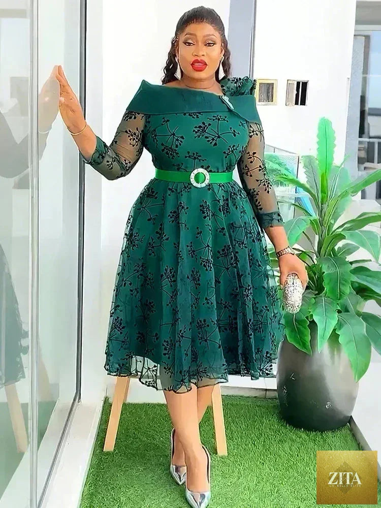 Elegant Femstylo women’s dashiki print midi robe with African-inspired design, perfect for wedding parties and evening events.