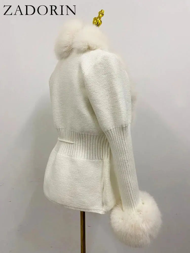 ZADORIN Fall Winter Women Faux Fur Coat Luxury Knitted Sweater Fur Cardigan Detachable Collar White Pink Jacket Faux Fur Coats ZITA LA BELLE ÉLITE