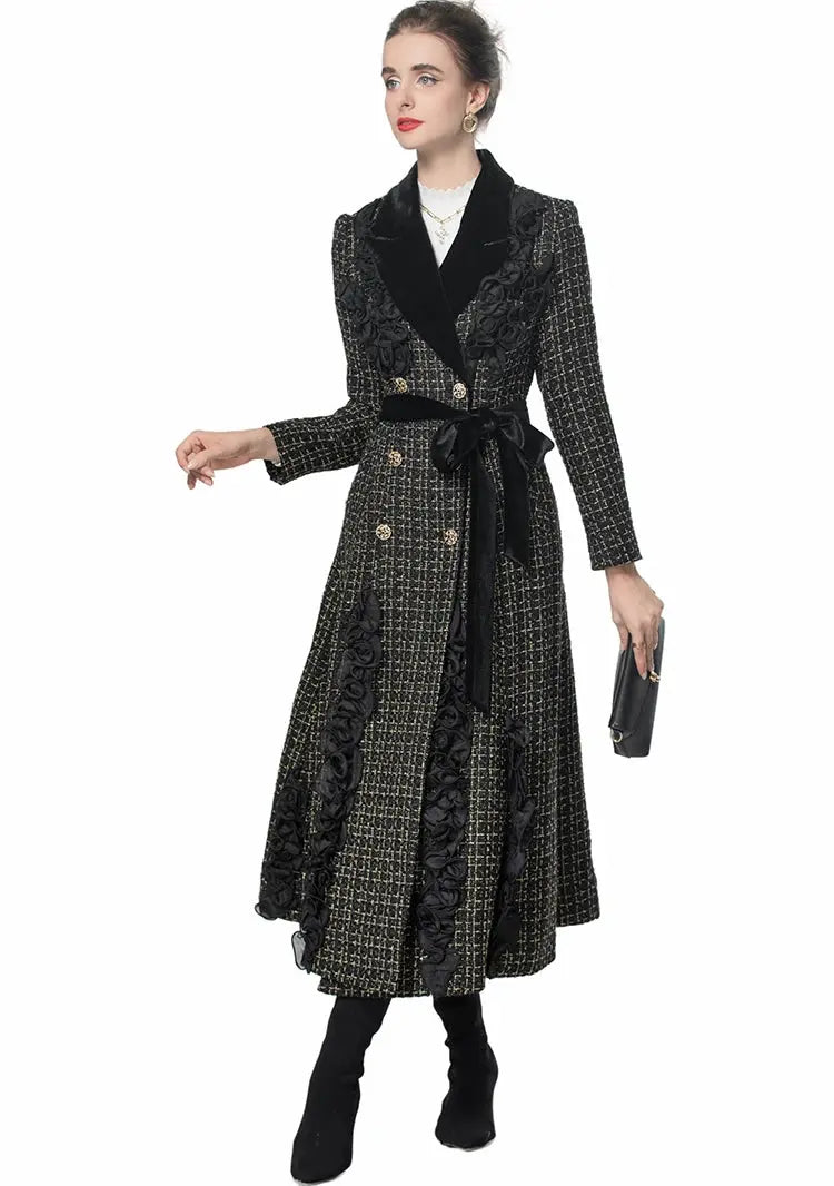 MoaaYina Winter Gray Black Coat With Grid Pattern And Double Breasted Lace Up Coat With Fungus Edge S-4XL ZITA LA BELLE ÉLITE