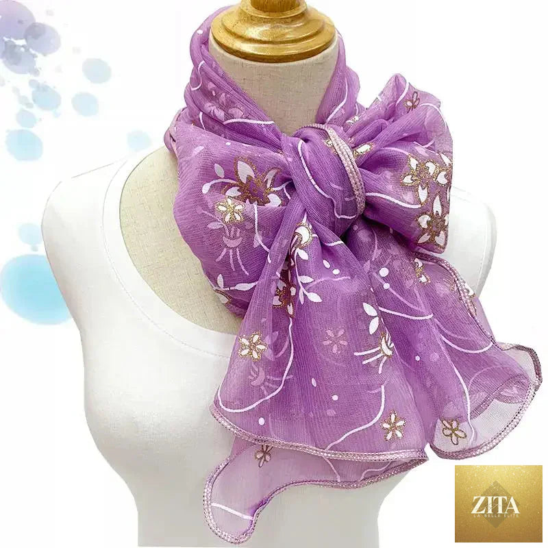 Lightweight women lace scarf with elegant printed silk design, versatile neckerchief or shawl wrap, by Trendy Attic Store01