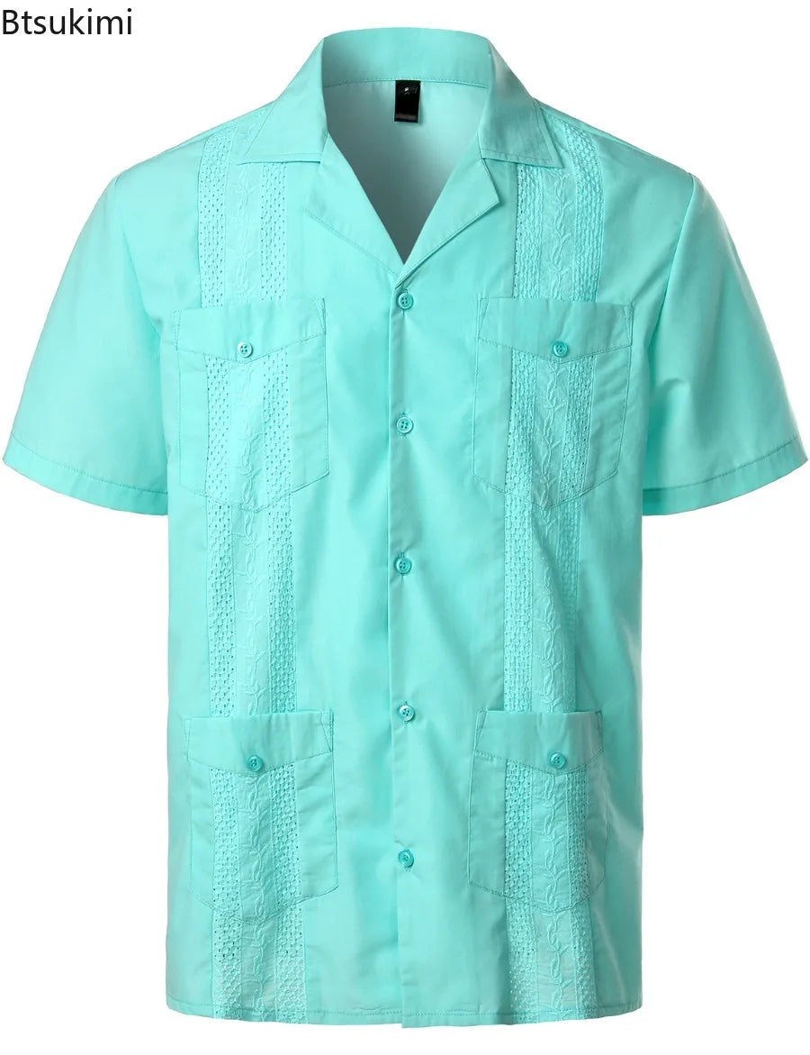 Men's Cuban Shirts Multiple Pockets Lapel Short Sleeves Cardigan