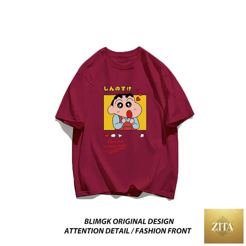 Crayon Shin-chan "Beloved Woman" cotton T-shirt by Zita La Belle Elite, featuring playful anime streetwear design with Shin-chan character.
