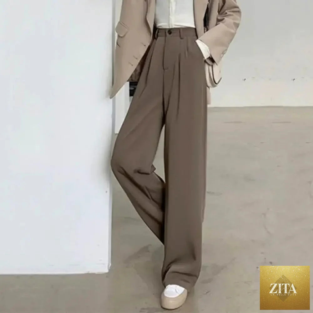 Women’s high waist straight wide-leg trousers by Ladyez with elastic slant pockets, solid color, loose fit, suitable for office wear