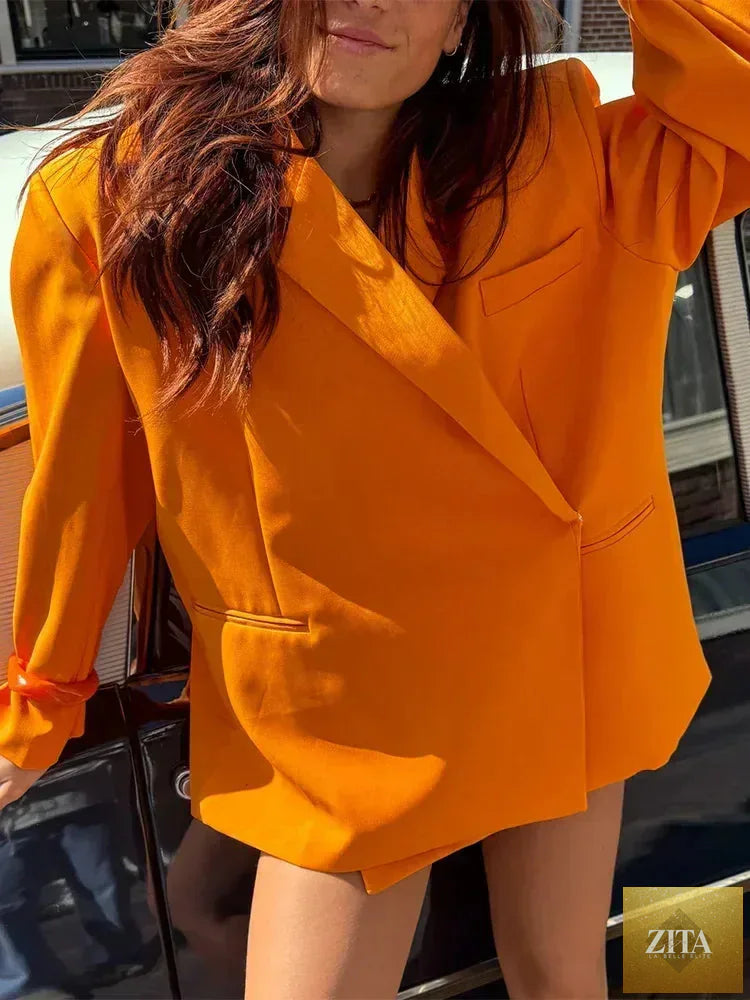 Women's oversized V-neck suit jacket by Femstylo, long sleeves, side buttons, solid color, with pocket cuffs, high street style.
