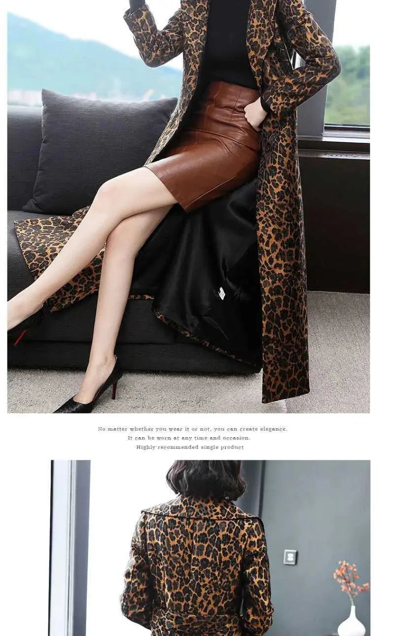 High End Fashion Leopard Coat Women Spring Autumn Korean Slim Long Trench Coat Female Windbreaker With Belt Mother Outwear 4XL ZITA LA BELLE ÉLITE