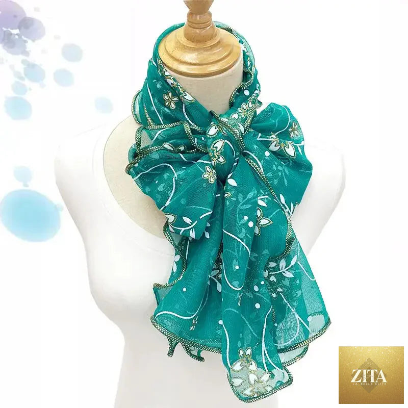 Lightweight lace silk scarf with elegant print, women’s neckerchief shawl wrap, featuring delicate lace detailing and vibrant design.