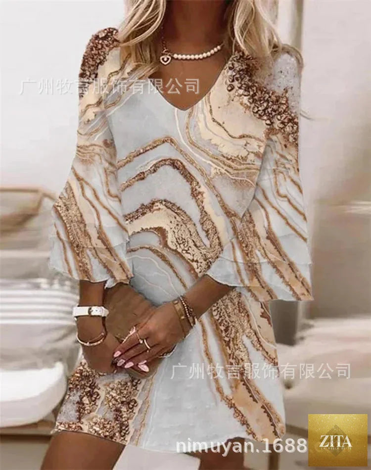 Plus size women’s flared dress with butterfly sleeves and loose waist, elegant and stylish, by Trendy Attic Store01.