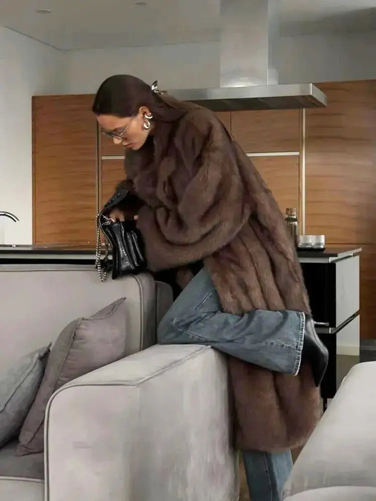 ZADORIN 120cm Super Long Luxury Winter Brown Faux Fur Coat Woman Elegant Belted Lapel Thick Fluffy Fur Jacket High Quality Coats ZITA LA BELLE ÉLITE