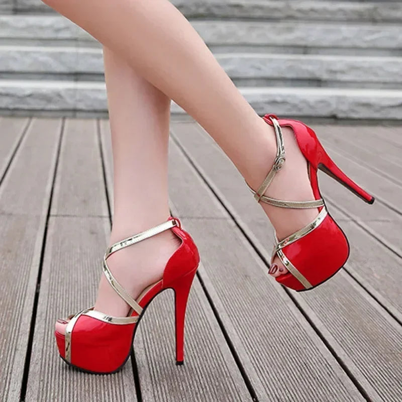 LadyShow.Store luxury high heels sandals for women with peep toe, buckle strap, platform, hollow out design, plus size shoe 46