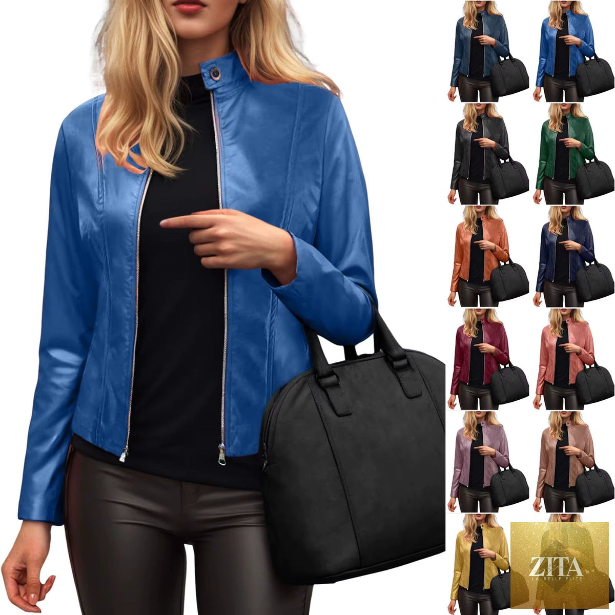 Women’s slim fit faux leather moto jacket by FitiqueFit, shown on a hanger with a tailored design and sleek black finish.