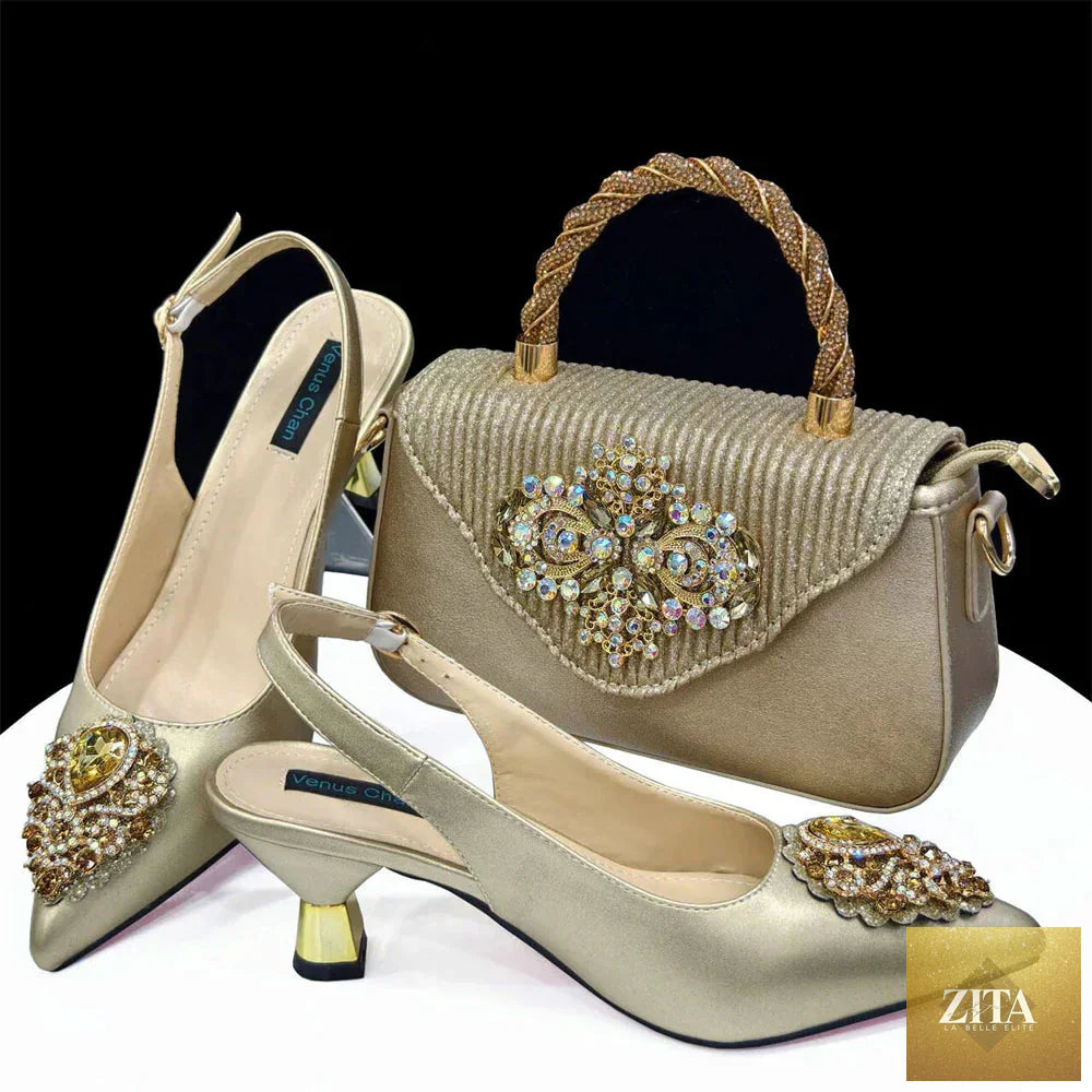 Luxurious women's crystal pointed high heels and matching shoe bag set by EdleessFashion, featuring elegant design and sparkling details.