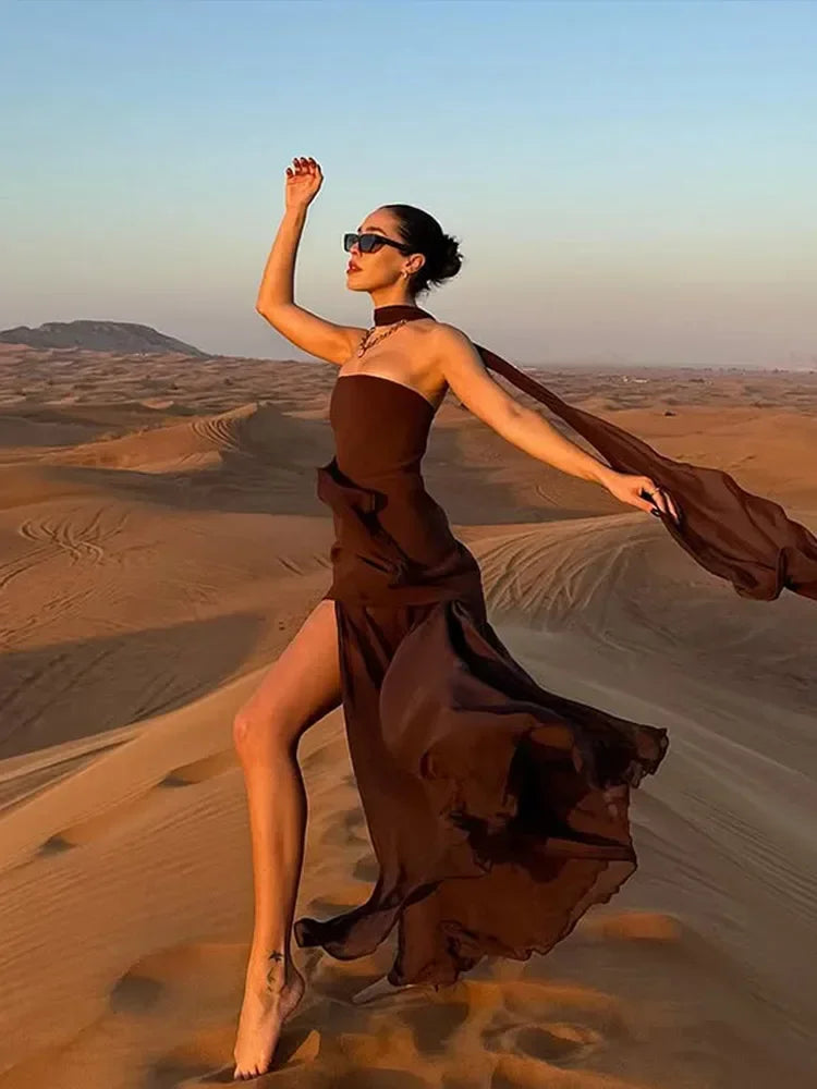 Elegant FLIPSTYLEZLLC solid spliced ribbon maxi dress for women, strapless, sleeveless, slit design, perfect for summer parties.