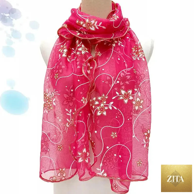 Lightweight lace silk women’s scarf with elegant printed design, versatile neckerchief or shawl wrap in soft fabric.