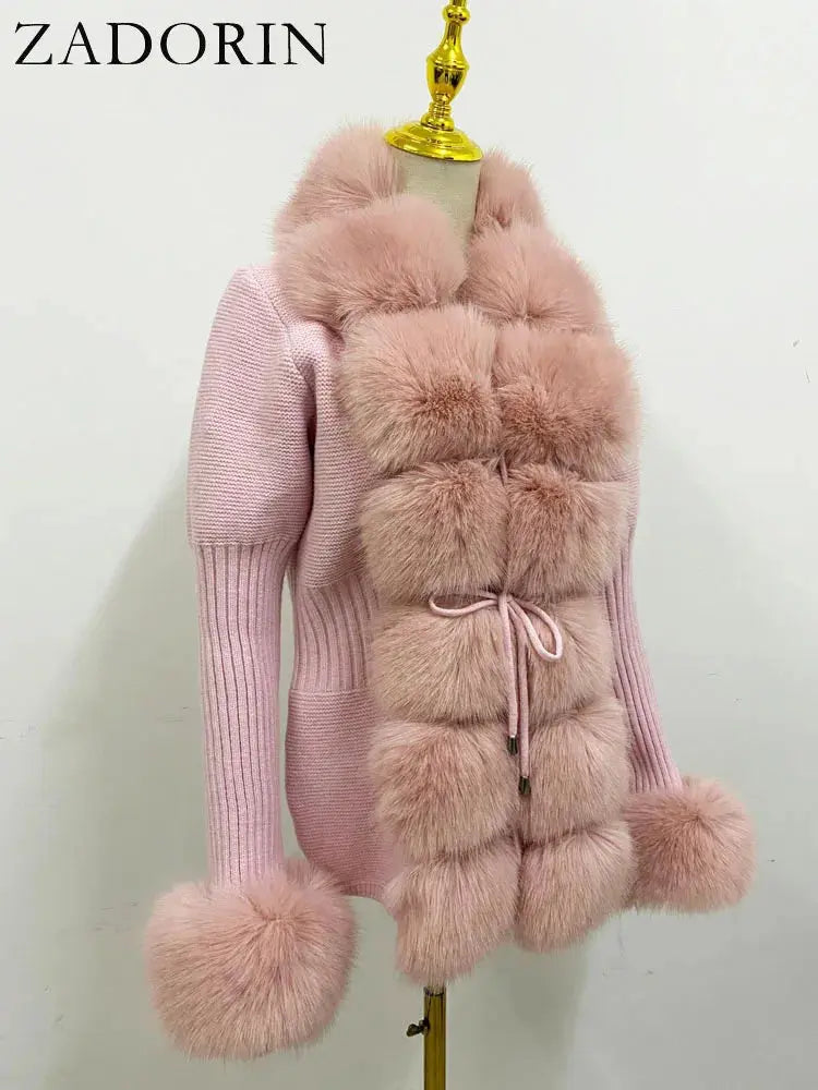 ZADORIN Fall Winter Women Faux Fur Coat Luxury Knitted Sweater Fur Cardigan Detachable Collar White Pink Jacket Faux Fur Coats ZITA LA BELLE ÉLITE
