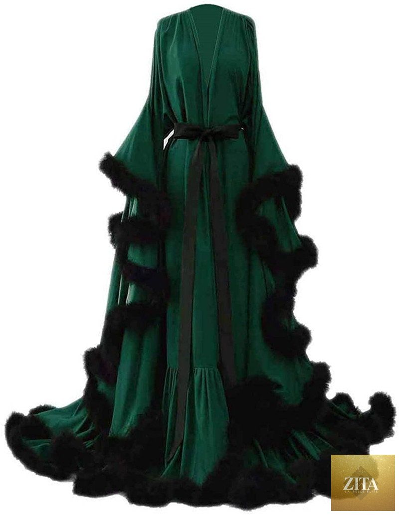 Luxrobe silk satin Victorian-style long robe with feather fringe hem, featuring Turkey fur details, perfect for elegant loungewear or costume.