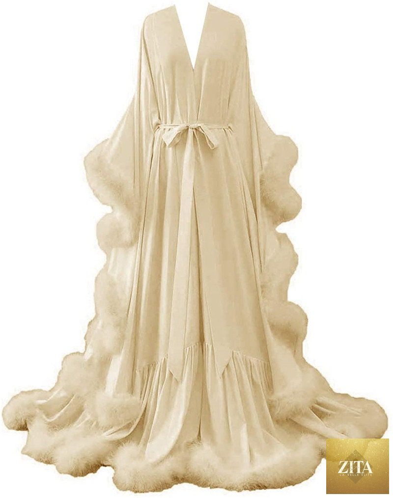 SelenaHuanStudio silky satin Victorian-style long robe with feather fringe hem, perfect as a luxurious costume or gift.