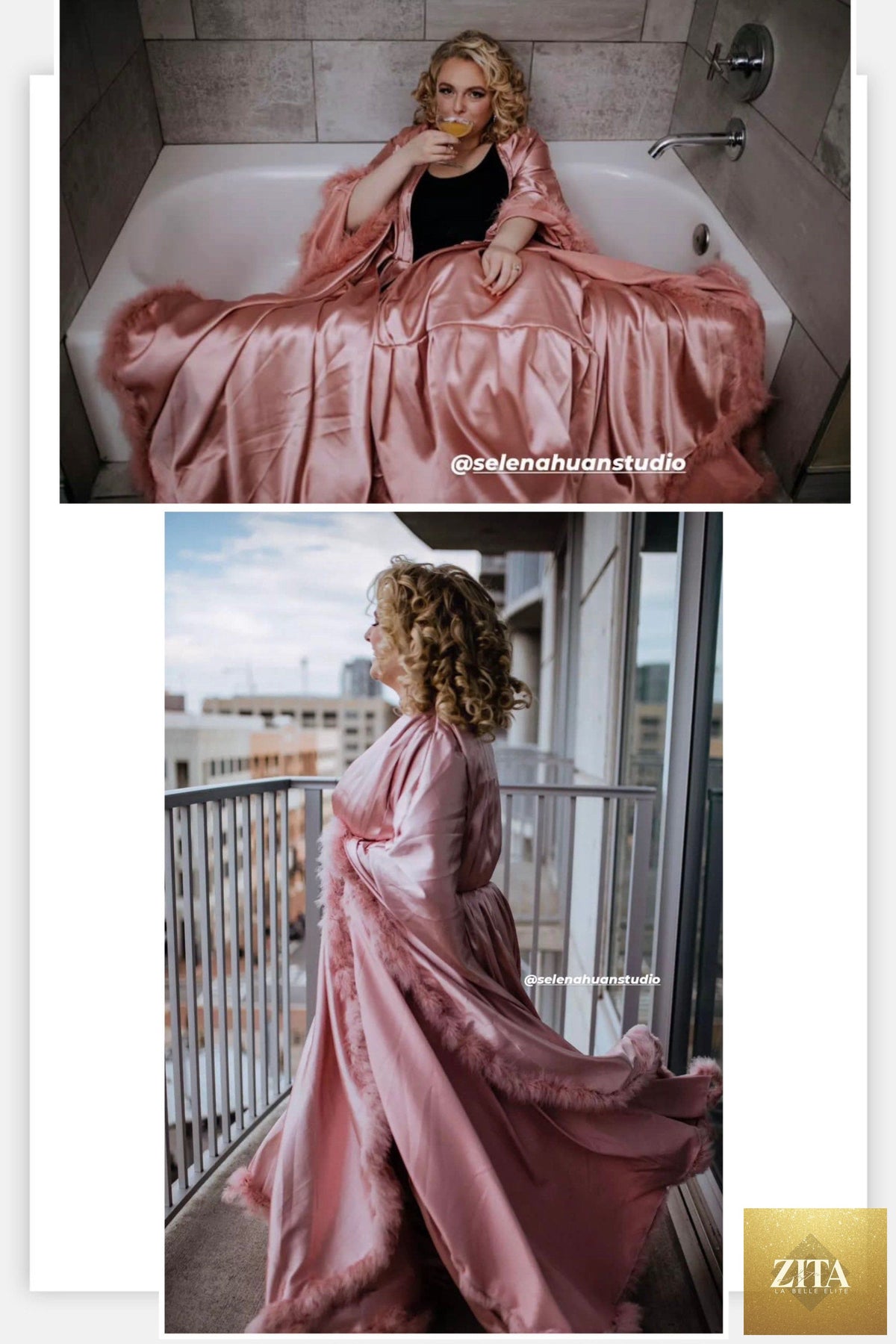 Luxrobe by SelenaHuanStudio featuring silky satin fabric, feather fringe hem, Victorian style long robe for elegant wear.