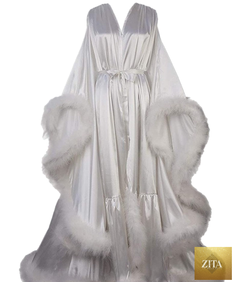 Luxrobe by SelenaHuanStudio featuring silky satin fabric, feather fringe hem, Victorian style long robe, ideal for elegant wear.