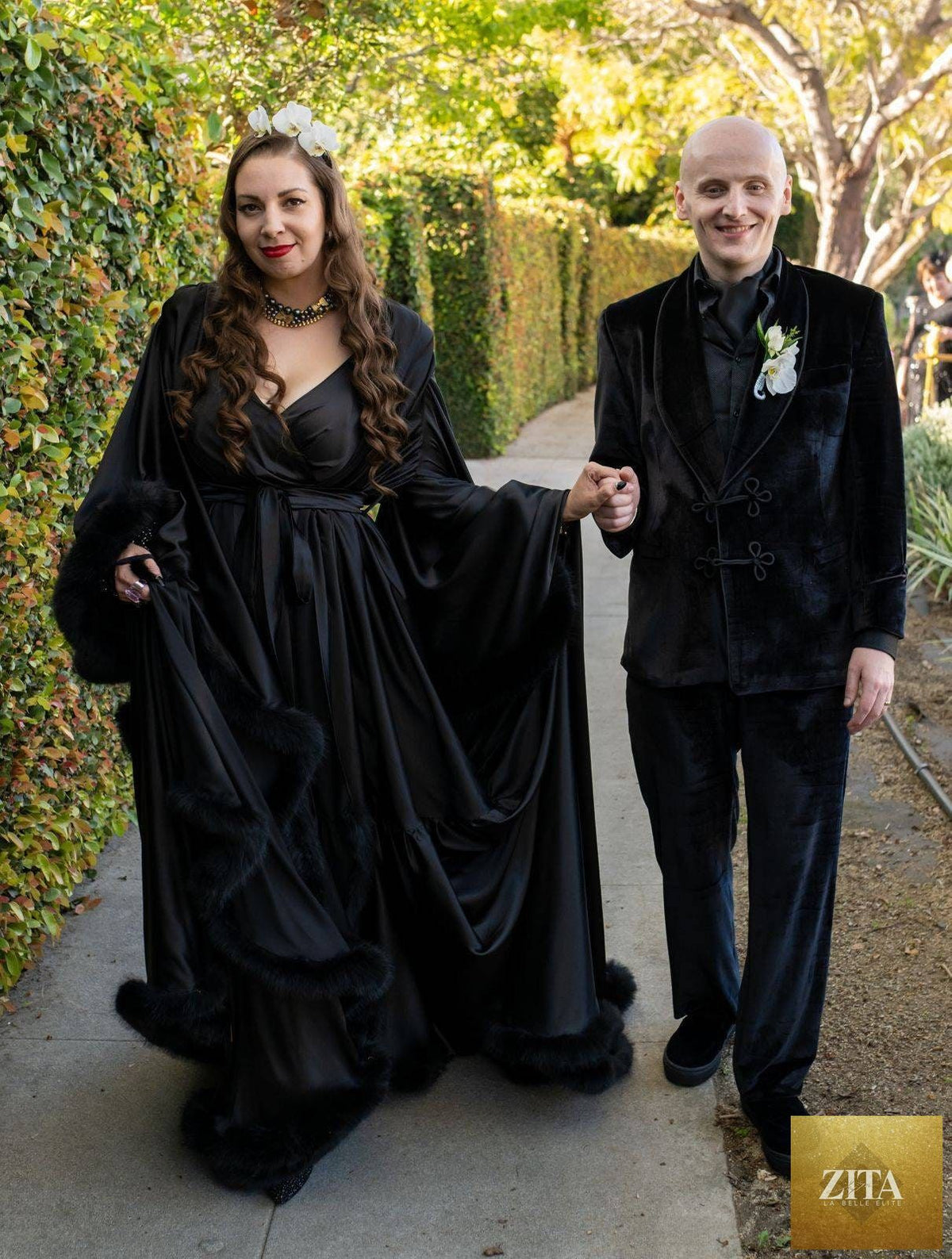 Luxrobe by SelenaHuanStudio featuring silky satin fabric, feather fringe hem, Victorian style long robe, perfect for elegant occasions.