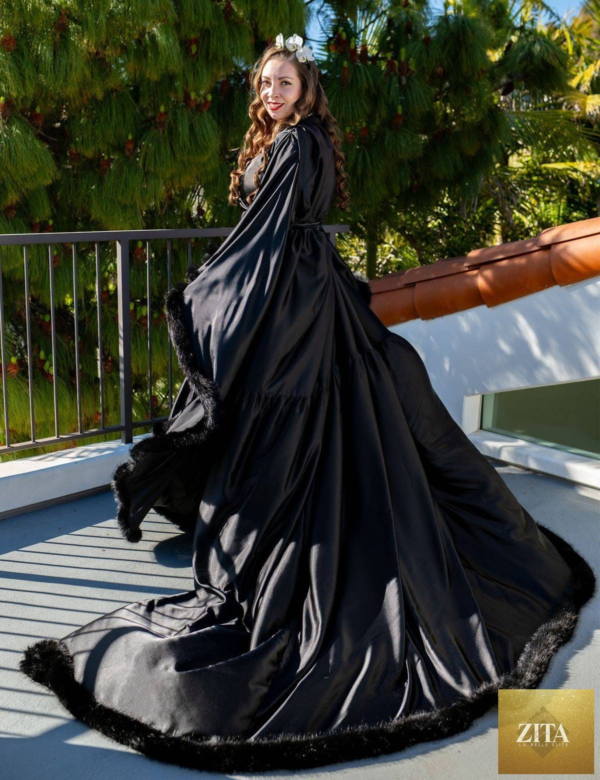 Luxrobe by SelenaHuanStudio featuring silky satin fabric, feather fringe hem, Victorian style long robe, ideal for elegant wear.