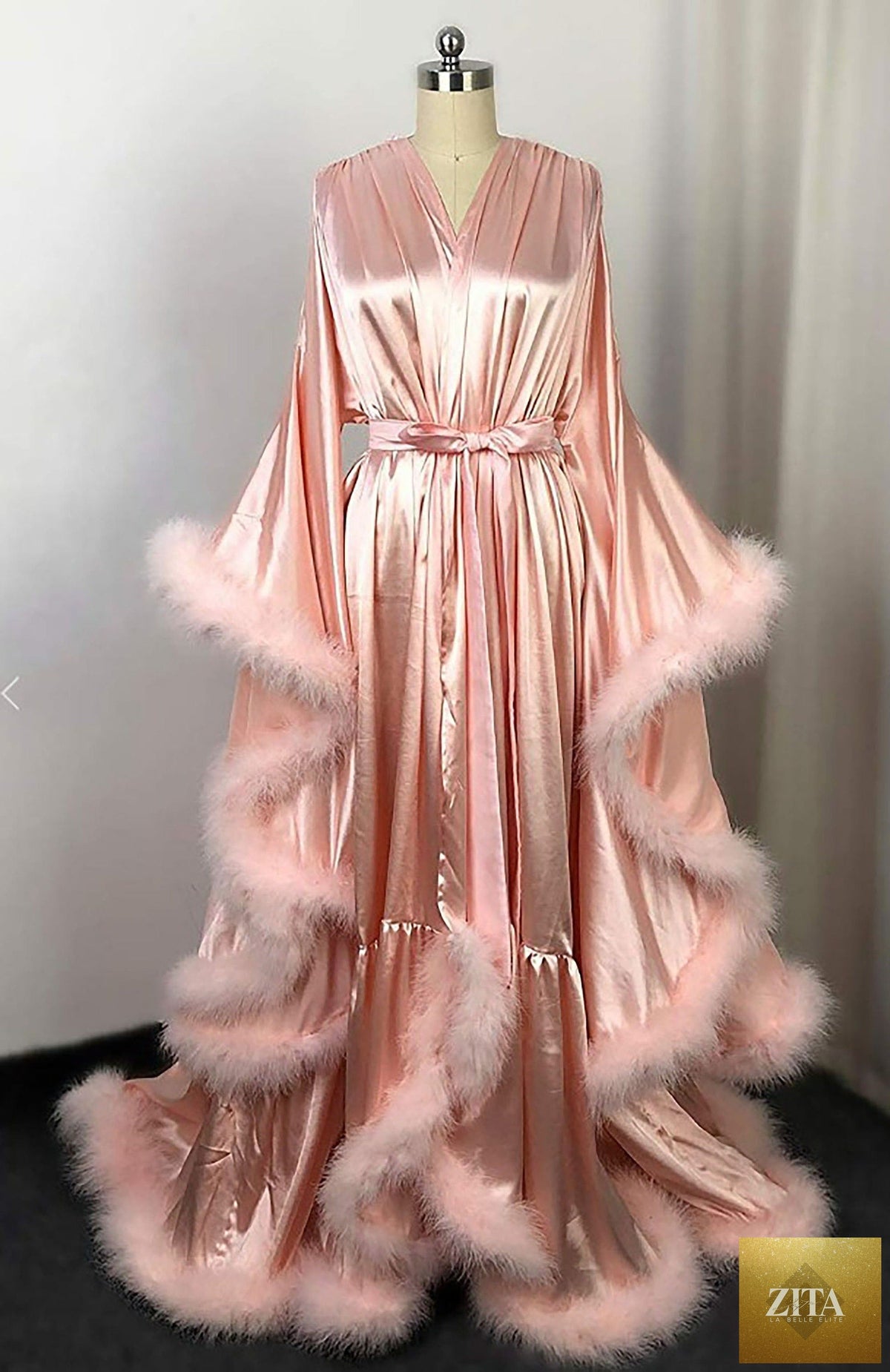 Luxrobe by SelenaHuanStudio: Long satin robe with feather fringe hem, Victorian style, soft silk fabric, perfect for elegant loungewear.