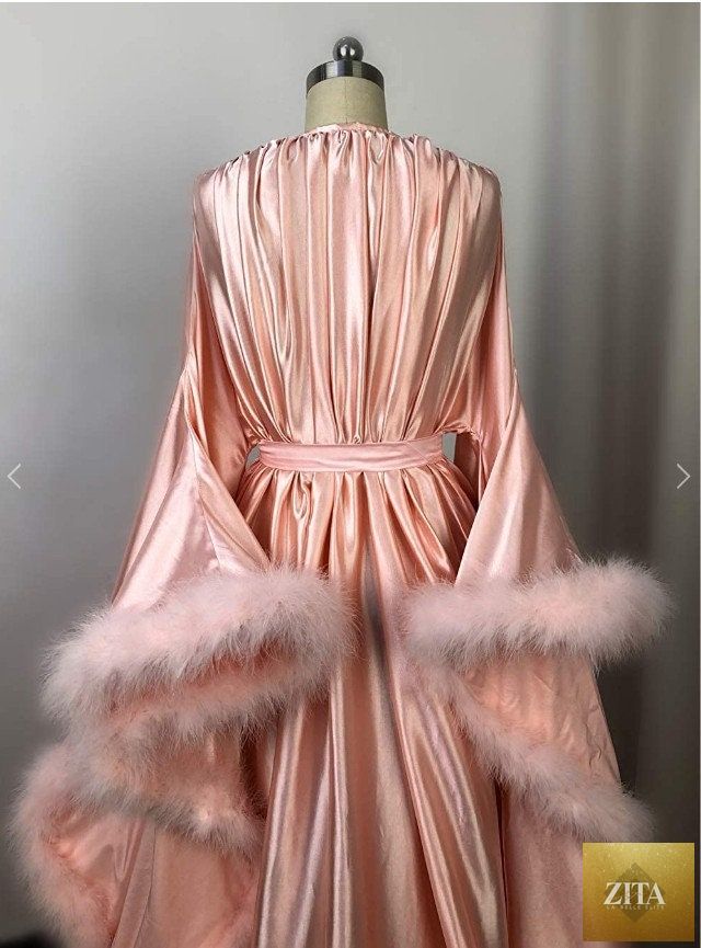 Luxrobe silk satin Victorian-style long robe with feather fringe hem, featuring turkey fur details, designed by SelenaHuanStudio.